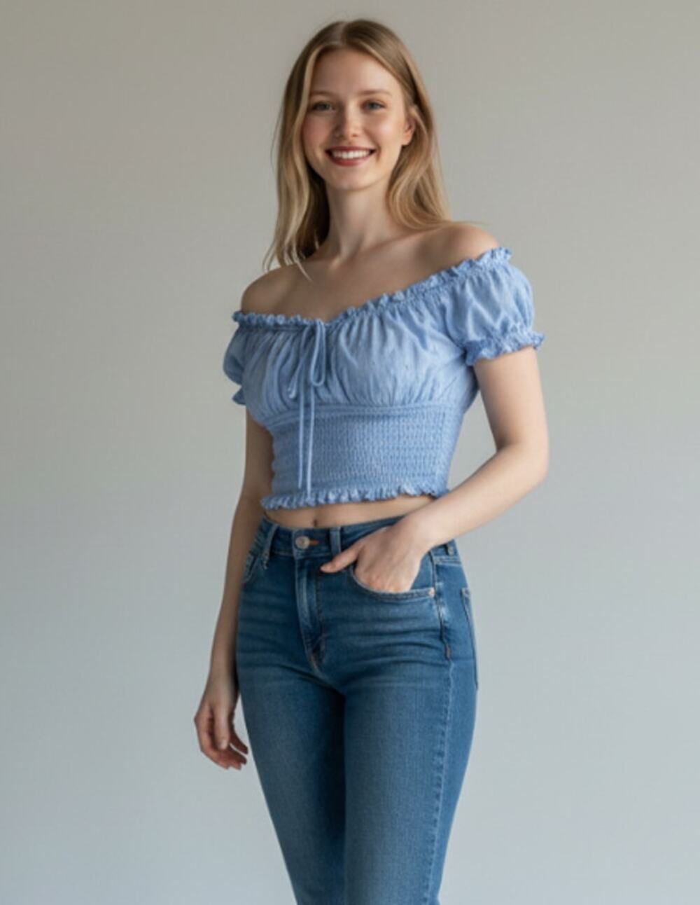 Princess Polly Top Womens Size 4 Smocked Ruched Crop Ruffle Blouse Blue